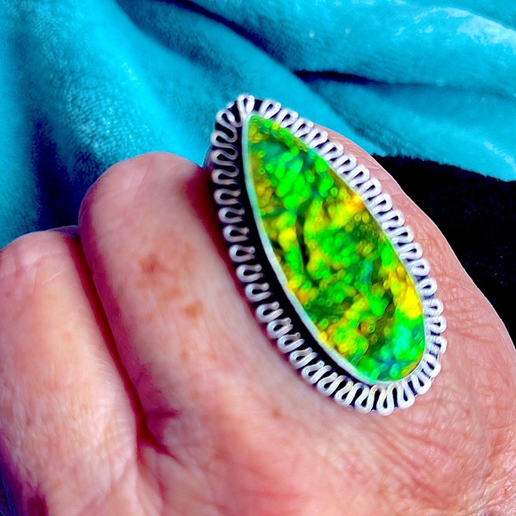 Triplet opal created ring sterling silver plated size 9 huge - Picture 4 of 4